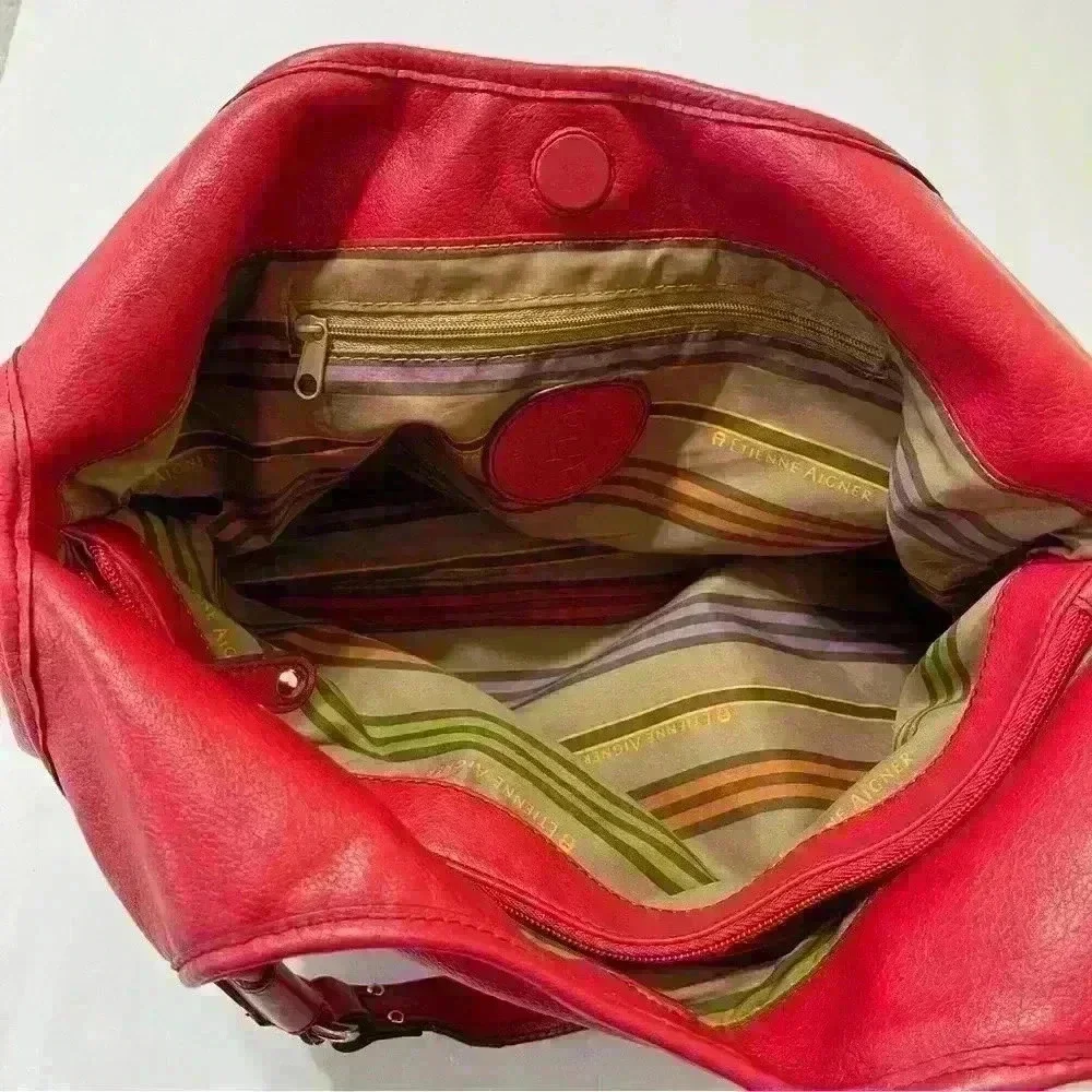 Etienne Aigner Red Genuine Leather Handbag Pockets Zip Around Boho Outdoor